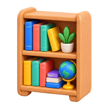 Charming 3D wooden bookshelf filled with colorful books and decorative items