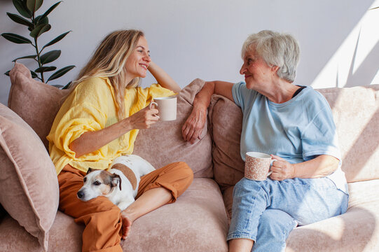 Young woman and elderly woman chatting on sofa with dog holding coffee mug. Intergenerational family bonding and friendship at home. Mother and daughter leisure conversation together