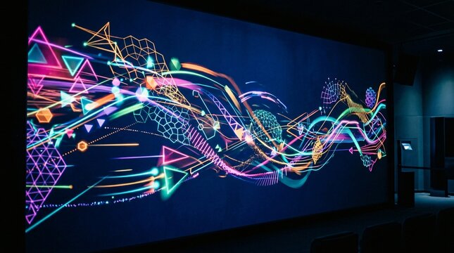 Pantalla gigante con arte digital abstracto, ondas de luz de ne&oacute;n y formas geom&eacute;tricas vibrantes en sala oscura para eventos.