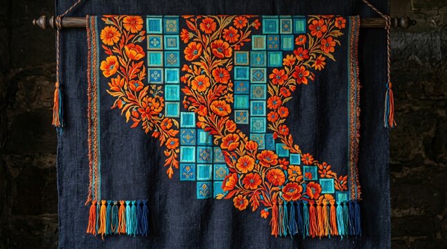 Tapiz artesanal con bordados florales naranjas y motivos geom&eacute;tricos turquesa, elemento tradicional para el Mes de la Herencia Hispana.