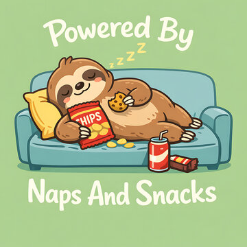 Powered By Naps And Snacks. Cute Cartoon Sloth Sleeping On Sofa With Chips And Soda. Funny Wildlife Illustration. Adorable Animal Character Snacking And Resting On Couch. Sweet Kawaii Style
