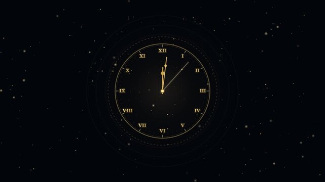 Animated golden Roman numeral clock ticking fast on a dark starry background
