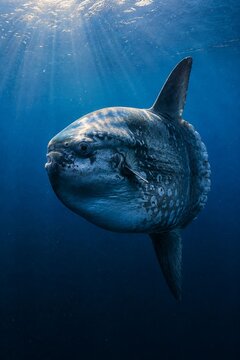 Giant ocean sunfish swimming through deep blue underwater ocean