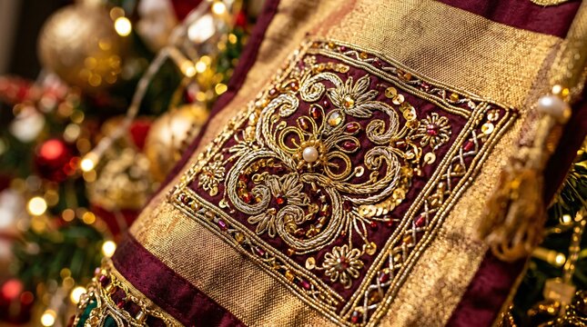 Bordado artesanal dorado sobre terciopelo granate con pedrer&iacute;a y estilo colonial barroco, artesan&iacute;a tradicional para celebraciones y herencia cultural.