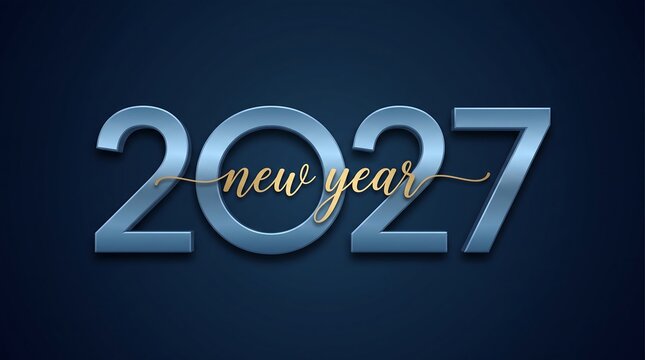 Silver metallic numbers two zero two seven with cursive new year text