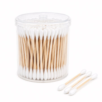 Container of cotton swabs with individual swabs