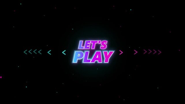 Glowing Neon Lets Play Text with Retro Gaming Elements on Dark Background