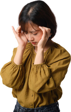 Young stressed asian woman suffering from painful headache holding temples with hands feeling overwhelmed isolated transparency background