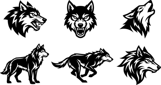 Collection of fierce wolf illustrations, aggressive snarling heads, howling, running, and standing wolf silhouettes for mascot and design projects