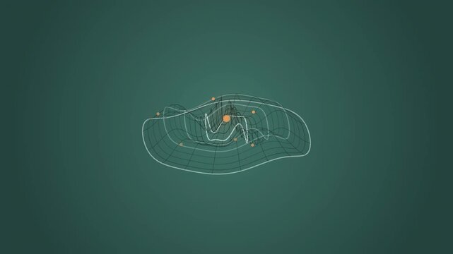 Abstract animated terrain wireframe radiating from a centre drawn as cyan and teal lines and shapes on a deep dark background. Seamless looping 4K motion graphics video with free space for text, ideal