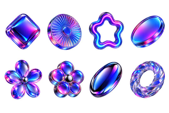 Collection of iridescent 3D abstract shapes with vibrant blue and pink gradients