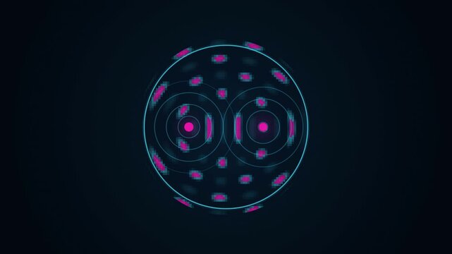 Abstract animated two wave sources interfering drawn as violet and blue lines and shapes on a deep dark background. Seamless looping 4K motion graphics video with free space for text, ideal for title 