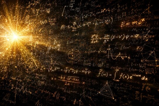 Bright light surrounded by math formulas on dark background
