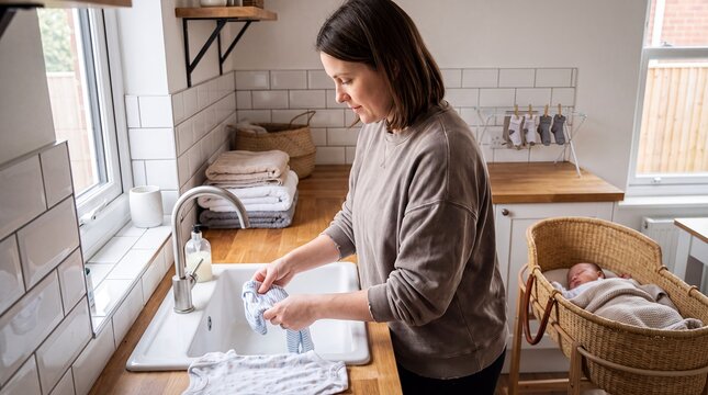postpartum mother laundry newborn baby clothes washing home motherhood routine cleans infant garments by the sink beside her sleeping child for hygiene household care and parenting content
