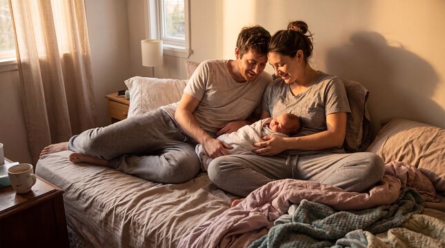 new parents newborn baby family bonding bed motherhood fatherhood love admire their sleeping infant together in warm evening light for early parenthood connection and family support campaigns
