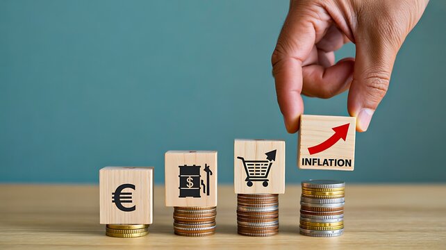 Coins and euro currency with rising inflation indicator symbolizing increasing prices