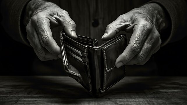 Black and white image of empty wallet symbolizing poverty and financial hardship