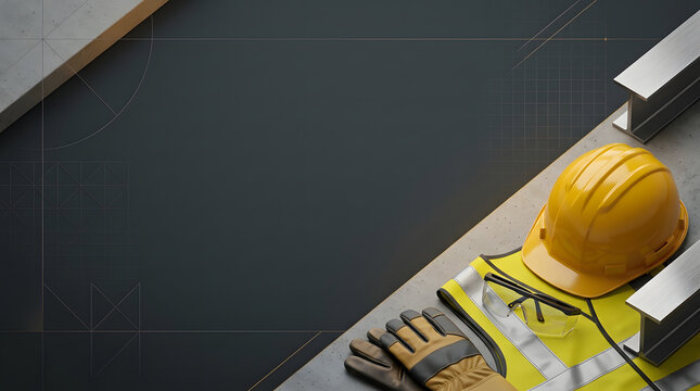 Construction safety equipment layout with helmet, vest, and gloves on dark blueprint background