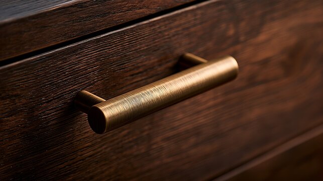 Modern brass drawer handle on a dark wood cabinet surface.