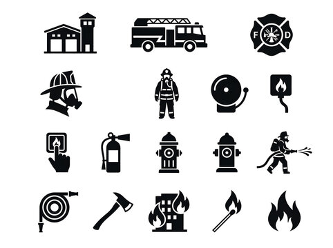 Firefighter and emergency services icon set for fire safety and rescue operations.