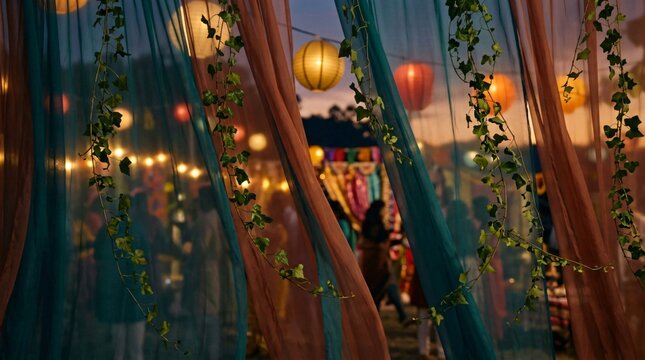 Cortinas decorativas con enredaderas y faroles iluminados en celebraci&oacute;n al aire libre, fiesta del Mes de la Herencia Hispana al atardecer.