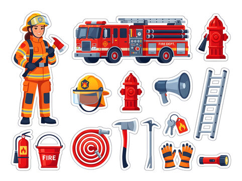 Firefighter equipment set with red fire truck and emergency rescue tools vector illustration