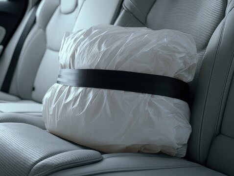 A white, crinkled, airbaglike object secured with a black seatbelt on the leather seat of a modern car interior, suggesting a safety demonstration or conceptual art