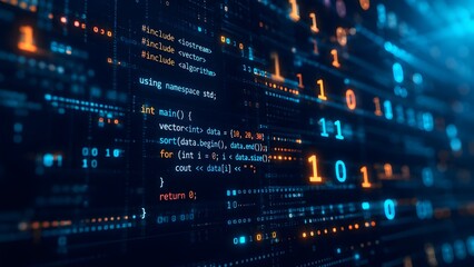 Fototapeta premium Abstract programming concept with floating code merging into glowing orange and blue binary numbers in digital space