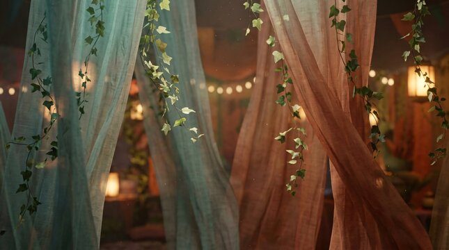 Telas vaporosas y enredaderas con luces c&aacute;lidas de fondo, decoraci&oacute;n bohemia para el Mes de la Herencia Hispana y eventos festivos tradicionales.