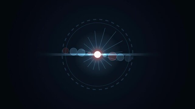 Abstract animated anamorphic flare streaking from a core drawn as blue and cyan lines and shapes on a deep dark background. Seamless looping 4K motion graphics video with free space for text, ideal fo