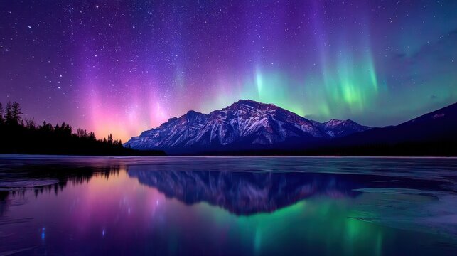 Majestic Northern Lights Over Snow-Capped Mountains Reflecting in Tranquil Lake Under Starry Sky at Dusk