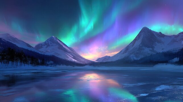 Vibrant Aurora Borealis Illuminating Snowy Mountain Landscape at Dusk with Reflections on Icy Lake Surface