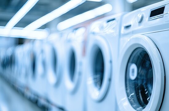 Row of white, front-loading laundry machines in a store