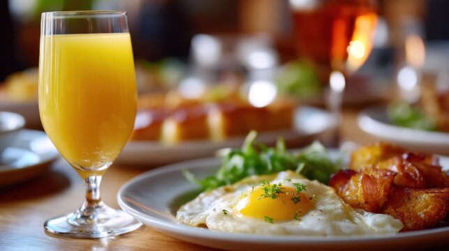 Delicious Breakfast Plate with Fresh Egg, Citrus Drink, and Crispy Potatoes in Cozy Dining Setting