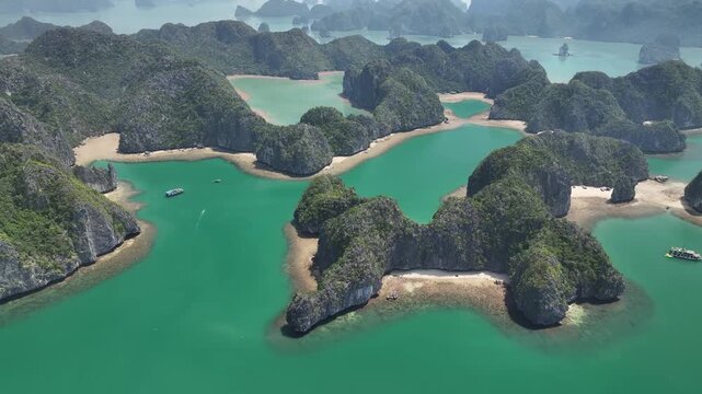 Aerial view of the natural scenery of the karst peaks and forests in Ha Long Bay, Vietnam