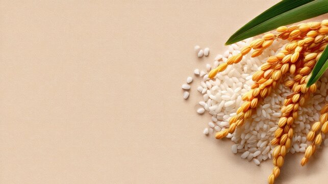 Golden Grain Harvest with Rice Grains on a Light Background Showcasing Agriculture and Natural Food Concepts