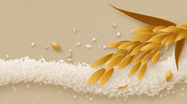 Rice Grain Background with Golden Ears of Rice on Smooth Surface, Natural and Organic Aesthetic for Culinary Themes