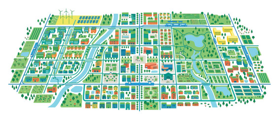 Fototapeta premium Sustainable City Map Illustration: Green Energy, Residential, and Parks