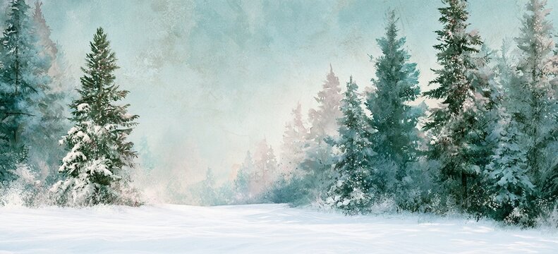 Decorated fir trees fill enchanted winter forest, rustic watercolor texture, central clearing of clean white snow reserved for design placement