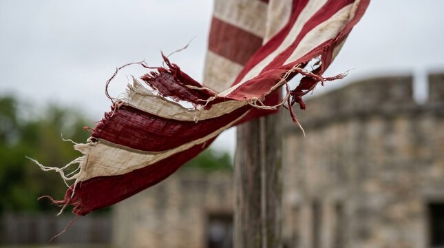 Bandera hist&oacute;rica andrajosa ondeando frente a un fuerte de piedra colonial, s&iacute;mbolo de lucha y patrimonio hist&oacute;rico.