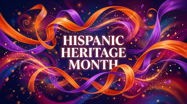 Mes de la Herencia Hispana con cintas festivas moradas y naranjas sobre fondo brillante con confeti para celebraci&oacute;n cultural latina.