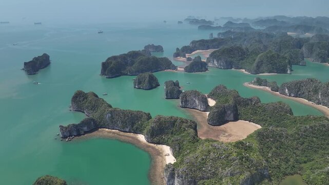 Aerial view of the natural scenery of the karst peaks and forests in Ha Long Bay, Vietnam