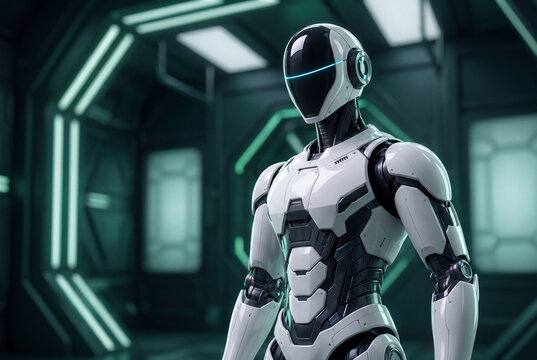 Futuristic white and black humanoid robot in a high-tech laboratory with neon lights. Concept of artificial intelligence, robotics, automation and innovation.