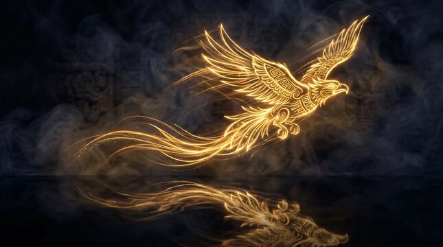 &Aacute;guila azteca dorada y brillante en vuelo con reflejo m&iacute;stico, arte prehisp&aacute;nico luminoso para el Mes de la Herencia Hispana y cultura mexicana.