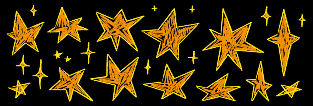 Golden star set in crayon and chalk on black. Hand drawn star shapes, crayon shading, chalk texture, asterisk twinkle, sparkle and firework burst at night.