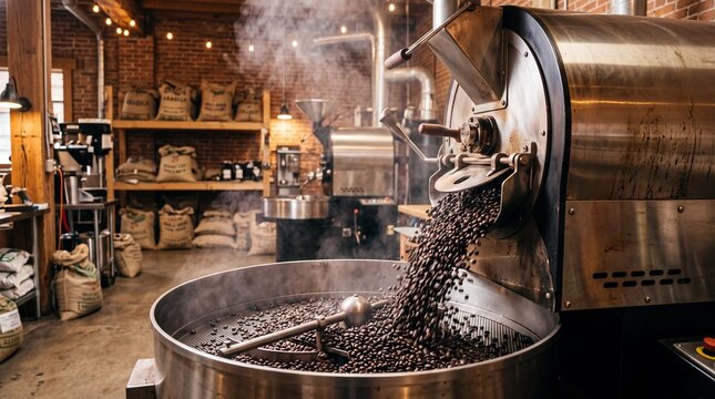 Coffee roaster discharging dark beans into the cooling tray
