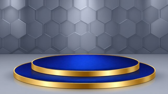 Elegant Blue Stage with Golden Trim and Hexagonal Wall Background for Display or Presentation Purpose