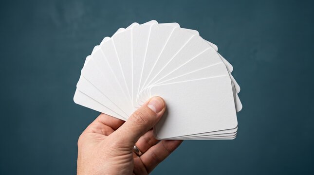 A hand holding a fanned out stack of blank white rectangular cards against a solid dark teal blue background