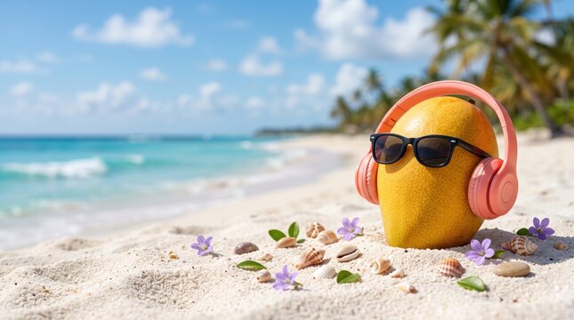 A yellow mango wearing black sunglasses and pink headphones sitting on white sand at a tropical beach with turquoise ocean water and palm trees in the background under a blue sky
