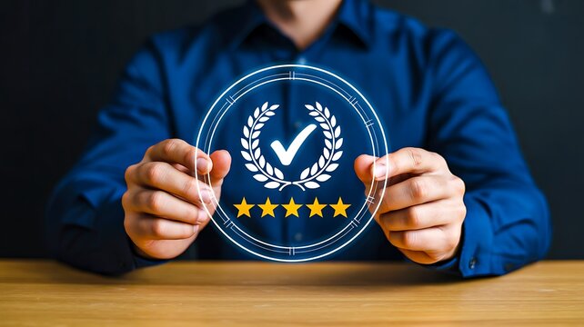 Customer satisfaction concept with five star rating and verified quality badge